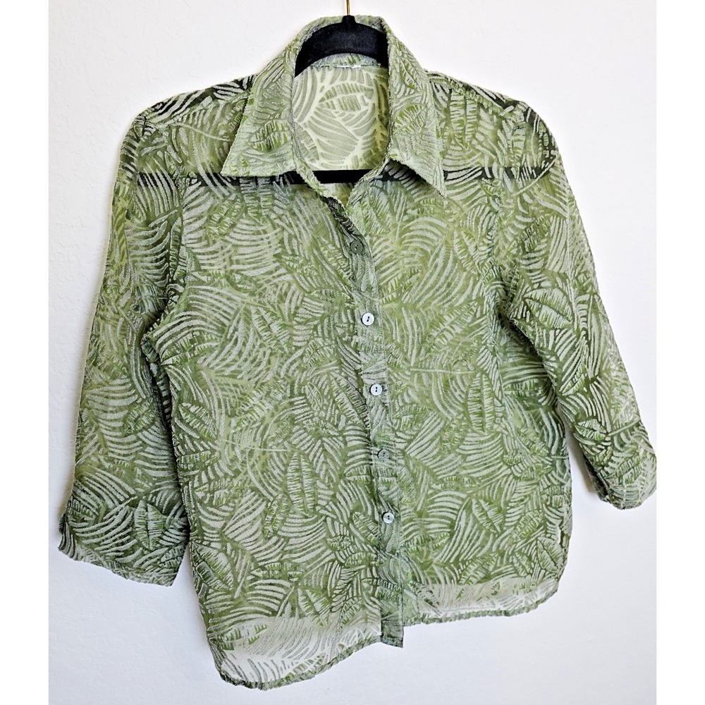 Alfred Dunner Women Top Sz 8P Button Up Burnout Coastal‎ Boho Hawaiian Green